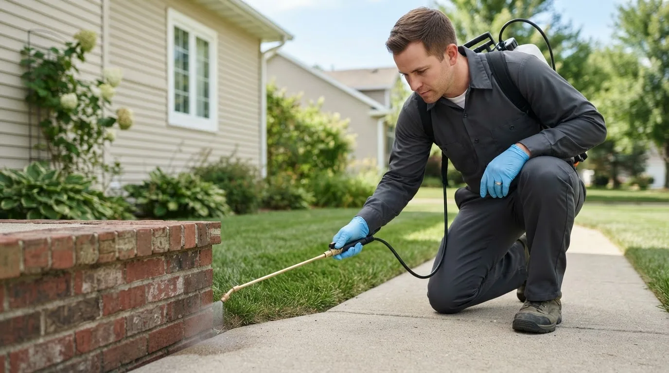 Pest control technician treating a home near Churchville, MD
