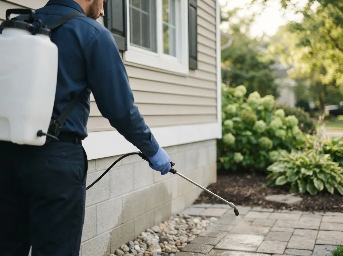 Pest control technician inspecting a home in Churchville, MD